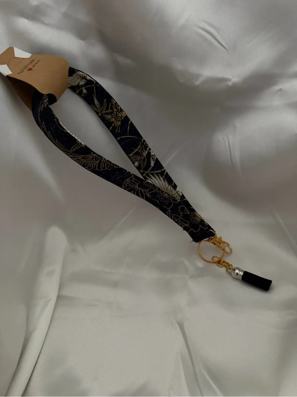 Handmade Blue and Gold Bird Pattern Wristlet Keychain with Black Tassel